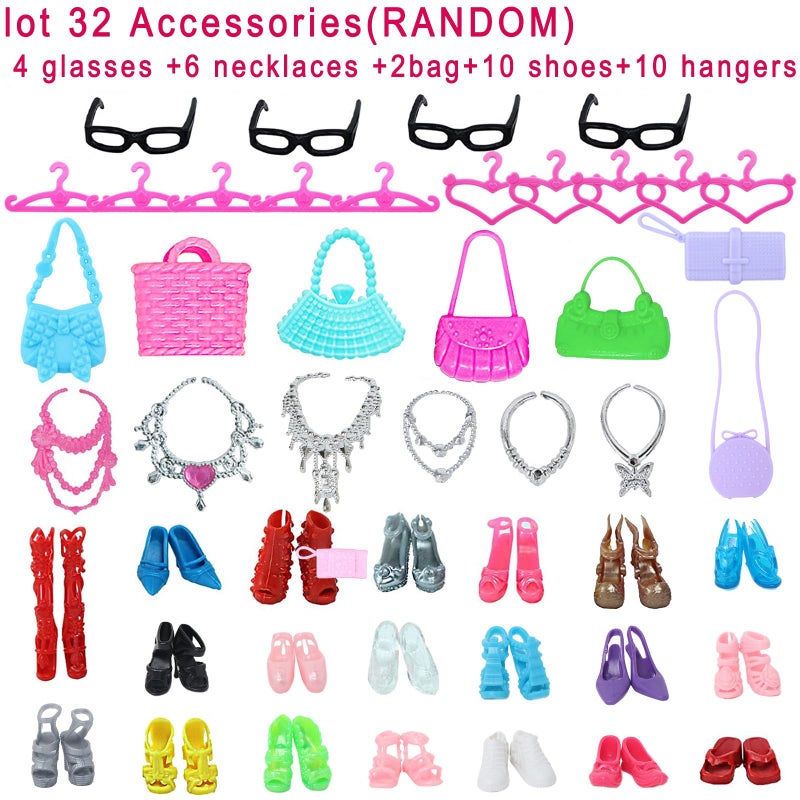 BJDBUS 42 pcs Doll Clothes and Accessories Including 10 pcs Fashion Mini Dresses 32 pcs Shoes, Glasses, Necklaces, Handbag, Hangers Accessories for 11.5 Inch Girl Doll - Image 4